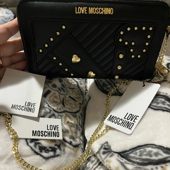 LOVE MOSCHINO Black Studded Zip-Around Clutch Wallet Crossbody, NWT - Picture 7 of 7